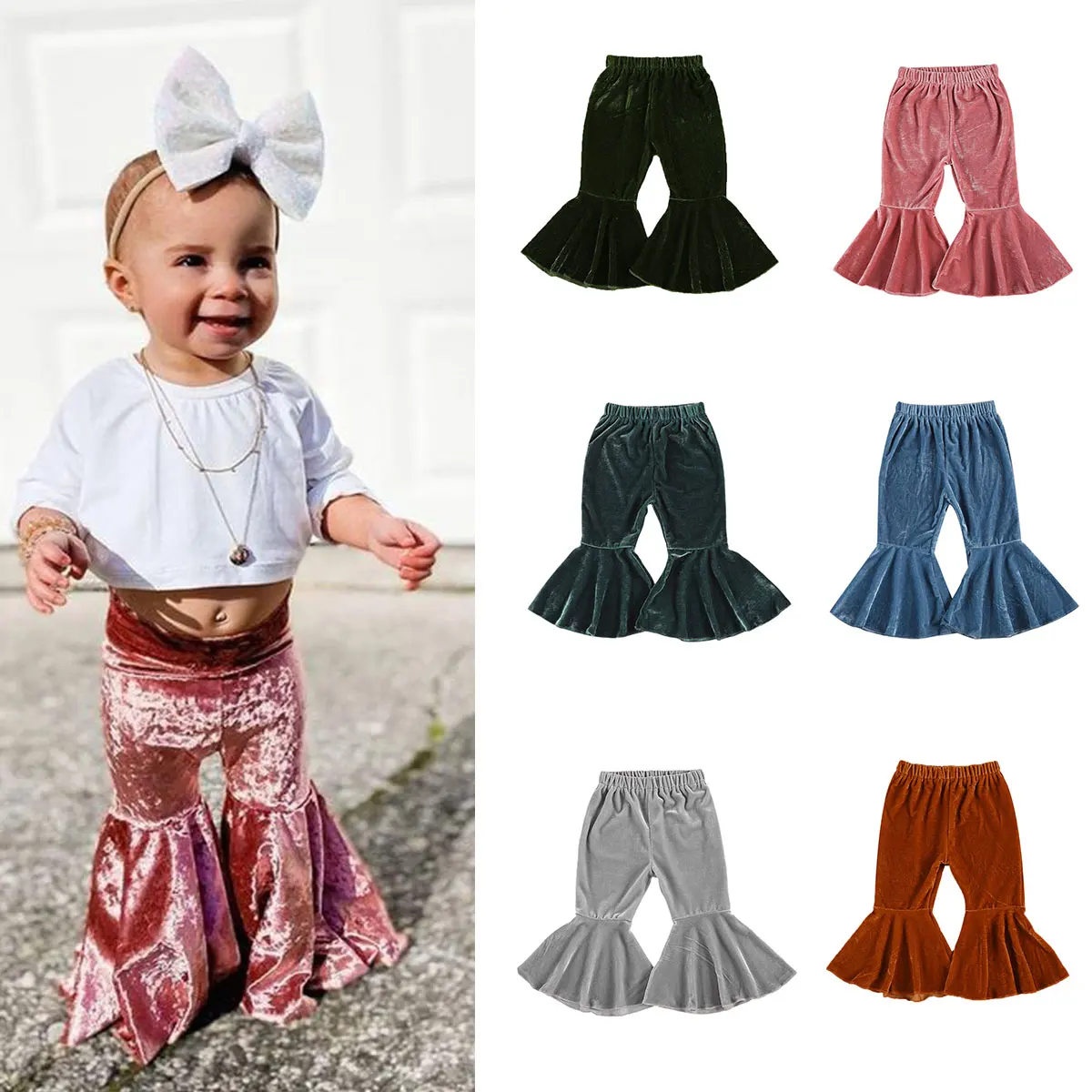 

Velvet Pant Fashion Newborn Toddler Baby Girls Bell Bottoms Casual Pants Elastic Waist Children Kids Long Flare Trousers 1-6Y