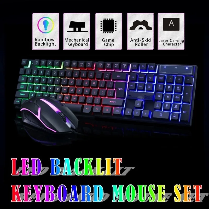 

HSYK set 104 keys Rainbow Gaming USB Wired Keyboard colorful button Mouse suit LED Backlit