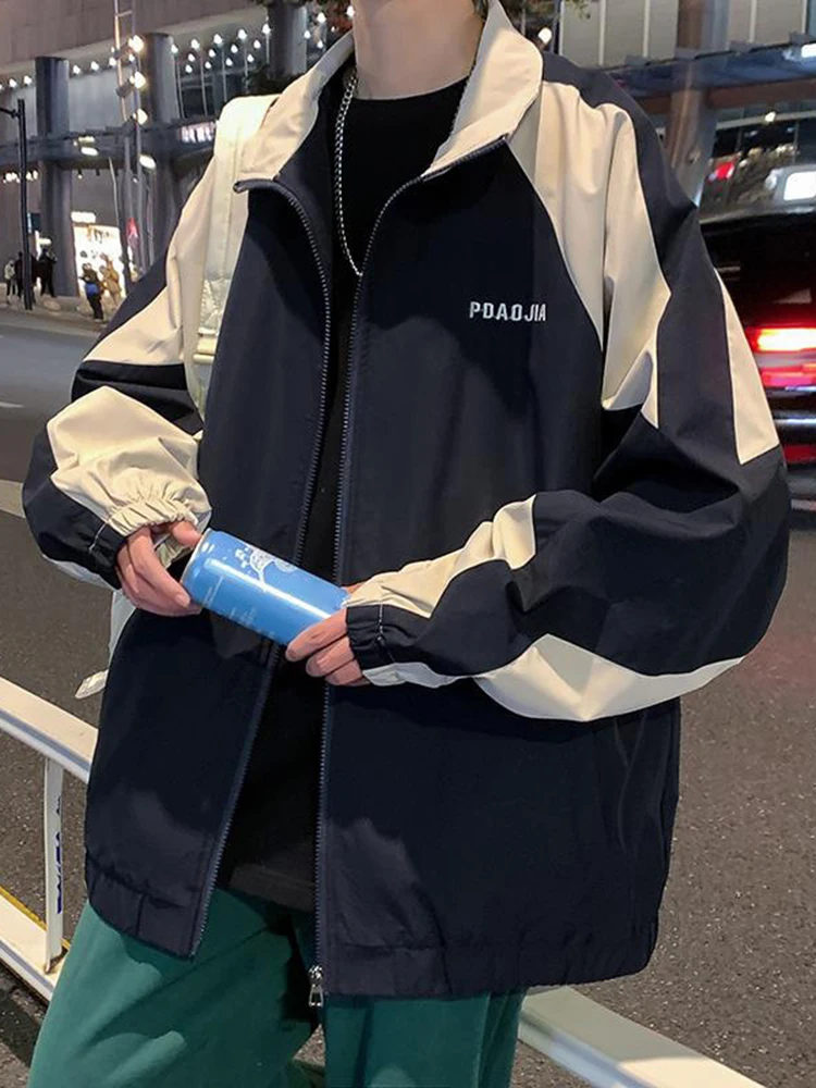 

Куртка в стиле хип-хоп для мужчин, приталенная, в стиле пэчворк, цветная блочная ветровка, модные тонкие куртки для колледжа, весна-осень
