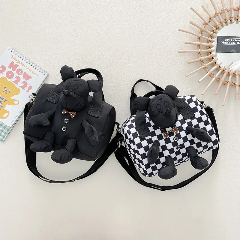 New Kindergarten Kids Doll Bags Fashion Trend Plaid Bucket Bag Cute 3D Mickey Mouse Pillow Bag 4-7y Boy and Girls Messenger Bags