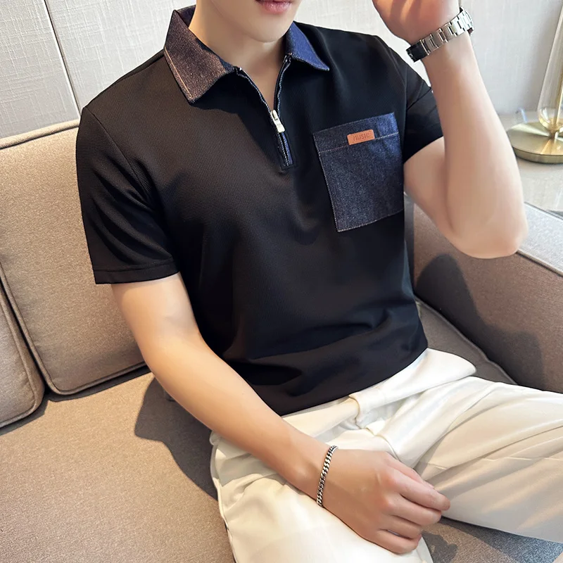 

2023 Denim fabric splicing half zip polo shirt Men's multi pocket lapel short sleeve men's T-shirt Business high quality shirt