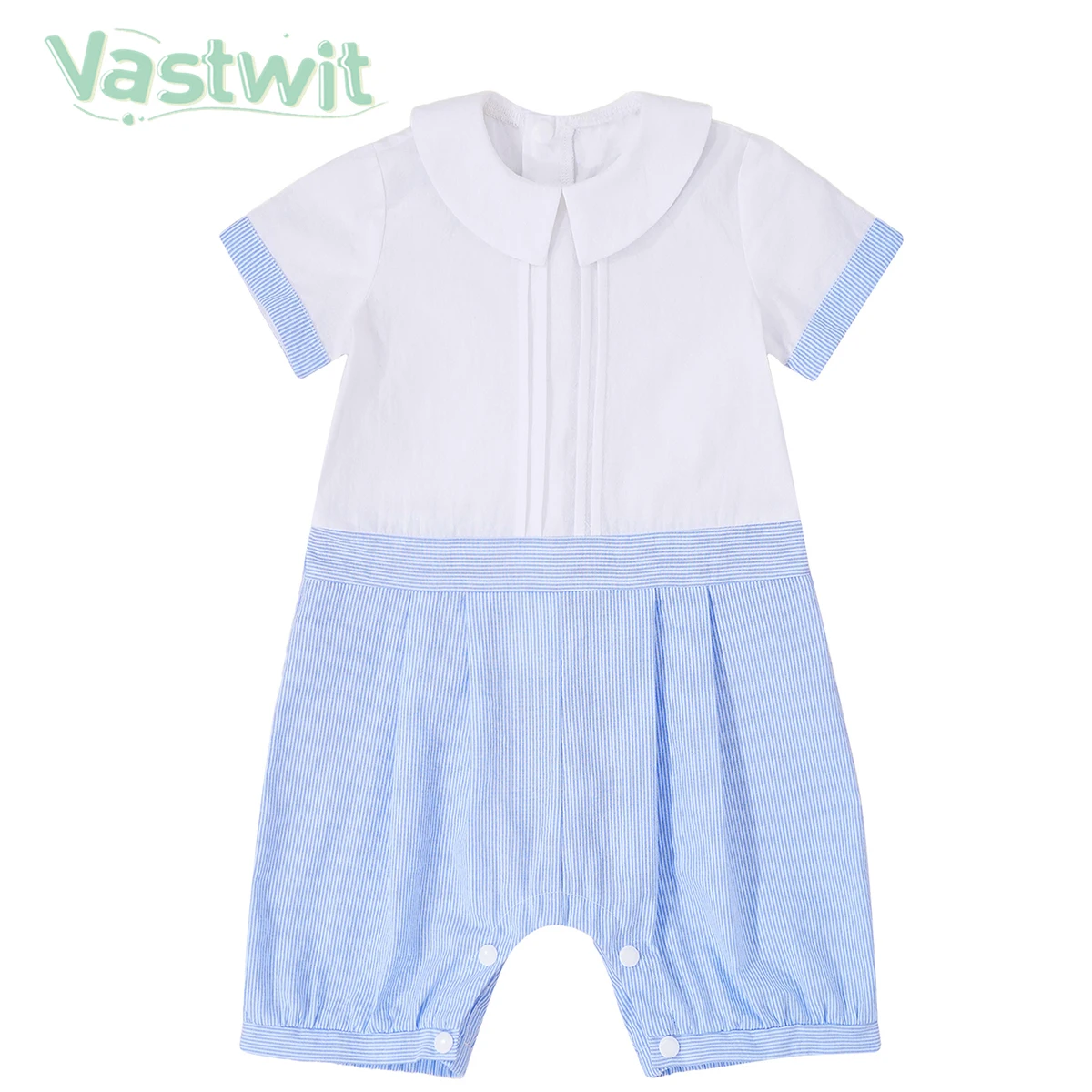 

Newborn Boys Cotton Romper Baptism Costume Short Sleeve Lapel Striped Print Button Closure Casual Bodysuit for Baby Christening