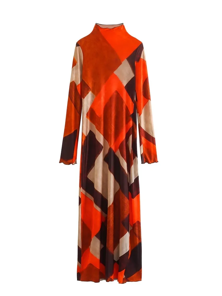 

ZXQJ French Design Sexy 2022 Printed Midi Dress Vintage High Neck Long Sleeve Female Dresses Vestidos