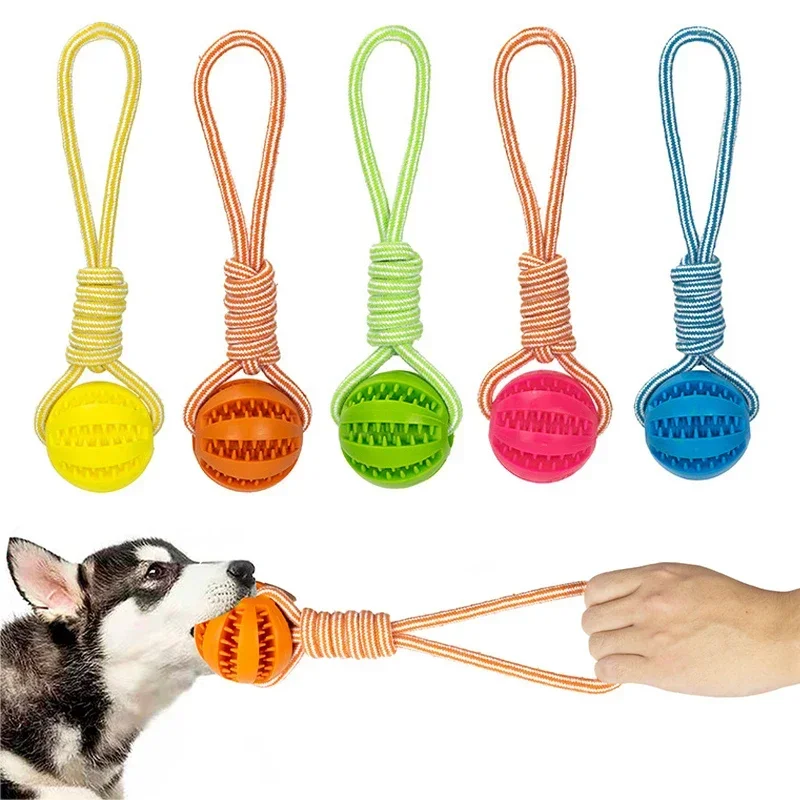 

Dog Toys Treat Balls Interactive Hemp Rope Rubber Leaking Balls for Small Dogs Chewing Bite Resistant Toys Pet Tooth Cleaning