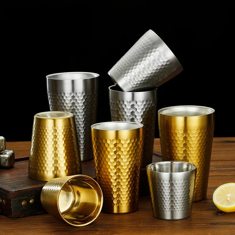 

2pcs 304 stainless steel thickened double-layer water glass hammer beer cup tea cup gold diamond juice cup