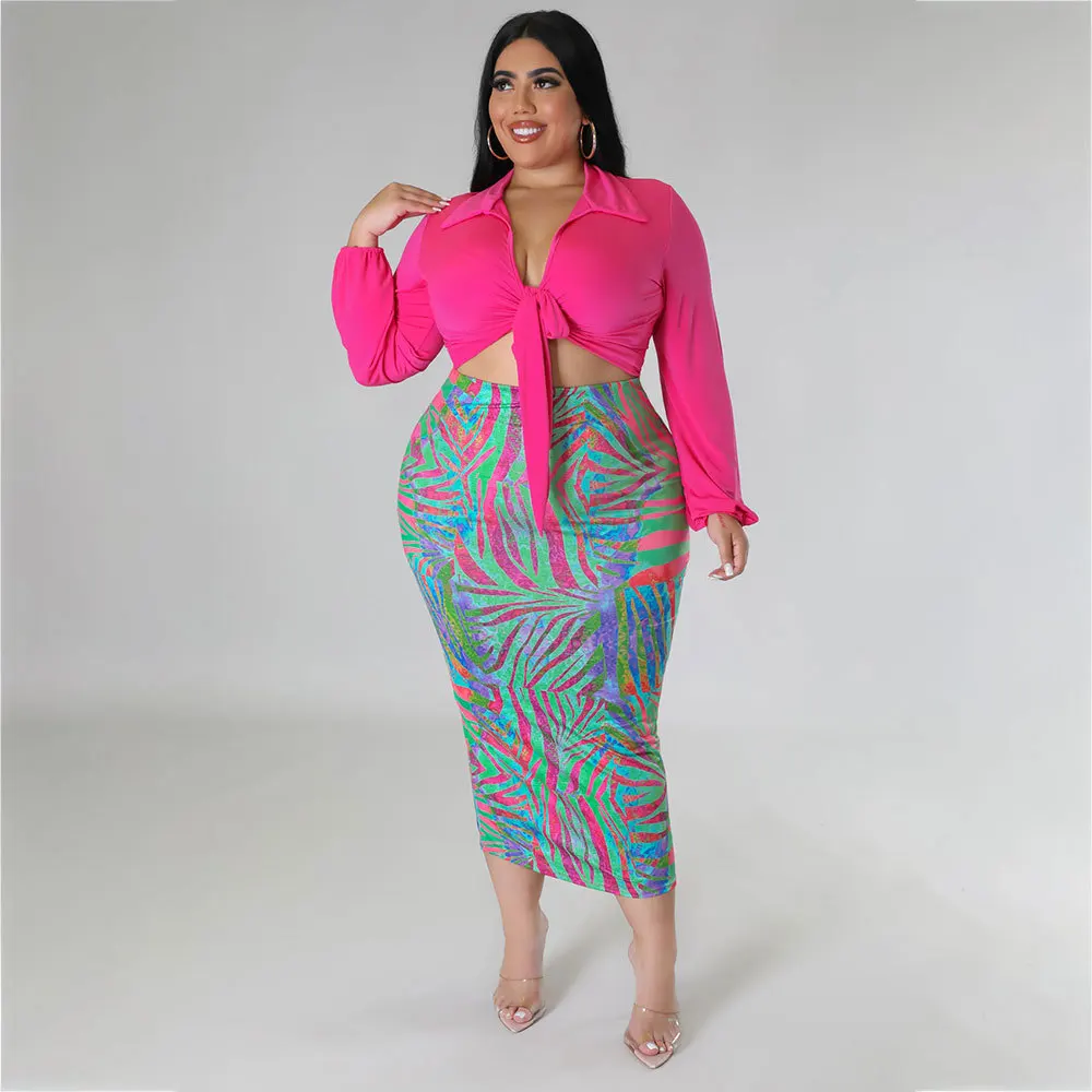 2023 Spring Leaf Print Dress Bandage Top Party Elegant Dinner Skirts Female Luxury Designer Cloth Plus Size Women Two Piece Sets