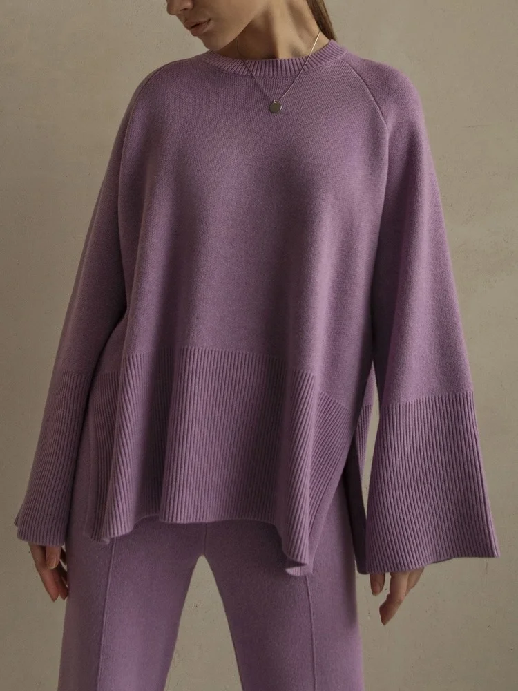 Women Knitted Pants Sets Lilac Casual Loose Two Piece Sweater Sets 2022 Autumn Winter Sweater Pullover and Wide Leg Pants Suits