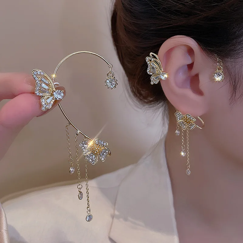 

French Ultra-glitter Zircon Butterfly Tassel Ear Bone Clip For Women Korean Fashion Earring Daily Birthday Party Jewelry Gifts
