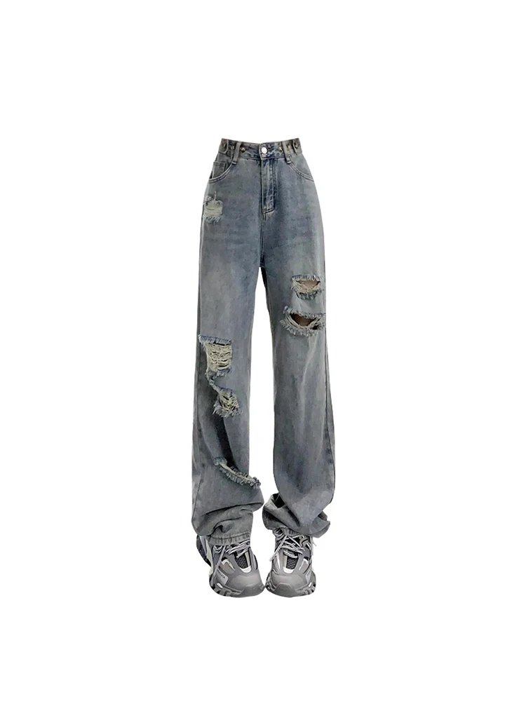 

Женские Синие рваные джинсы, винтажная уличная одежда, летние мешковатые джинсовые брюки Y2k с высокой талией, прямые широкие брюки из денима