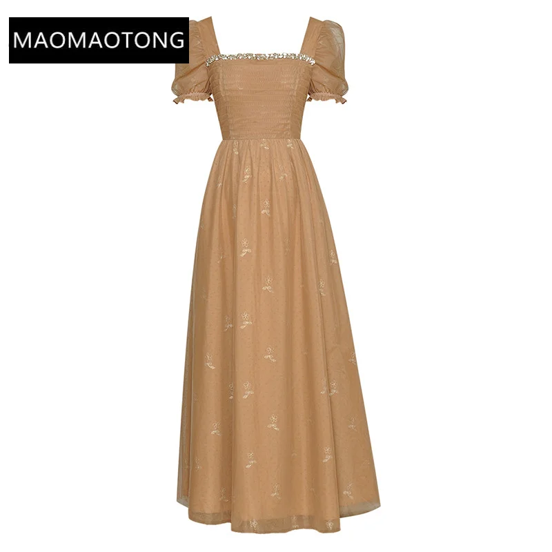 

Dresses For Women 2022 Luxury Designer Autumn Pink Mesh Square collar Short Sleeve Luxury Diamond Beads Vacation Party Long