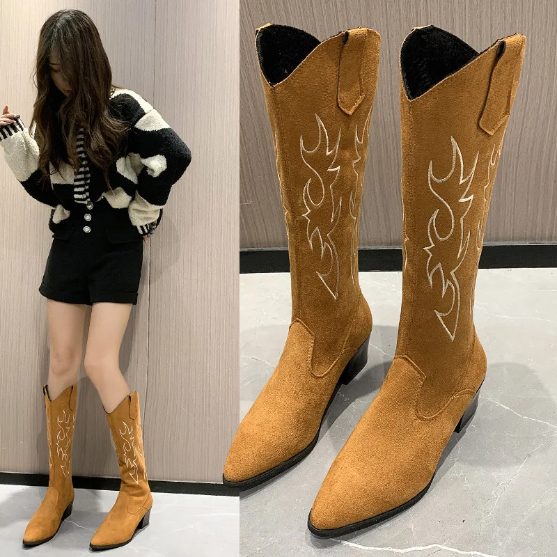 Western Cowboy Boots Women Mid-Calf Square Heels Booties Ladies Runway Fashion Embroidery Flock Shoes Woman Pointed Botas Mujer