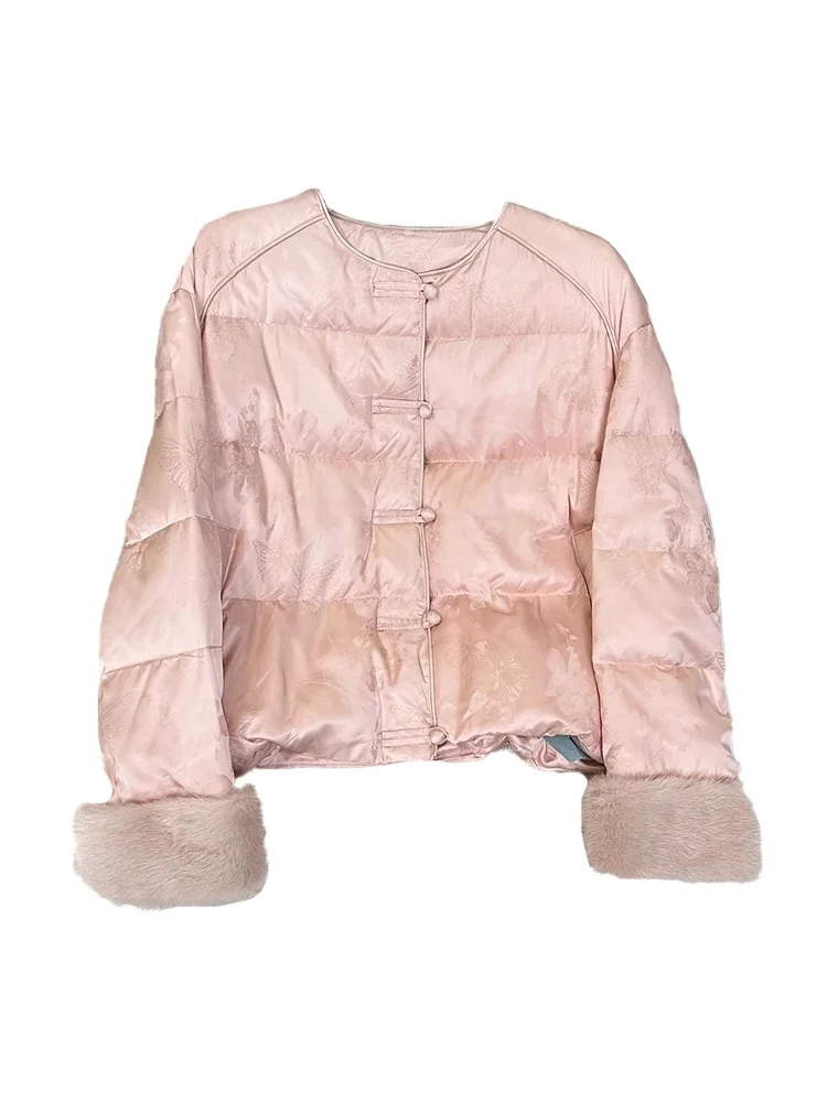 New Chinese Sle National Pink Jacquard Down jacket Women's 2024 Winter Buckle Outerwear Thick Warm Cotton-Padded ...