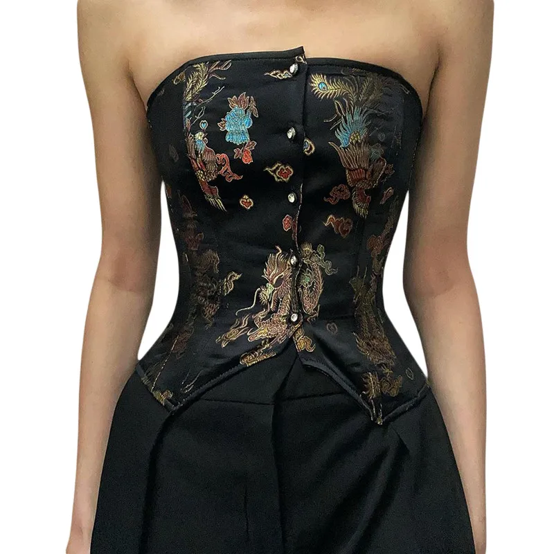

Women Jacquard Tube Tops Summer Tank Tops Adults Vintage Tie-up Strapless Boat Neck Button Cardigan Corset Bustier Vintage Y2K