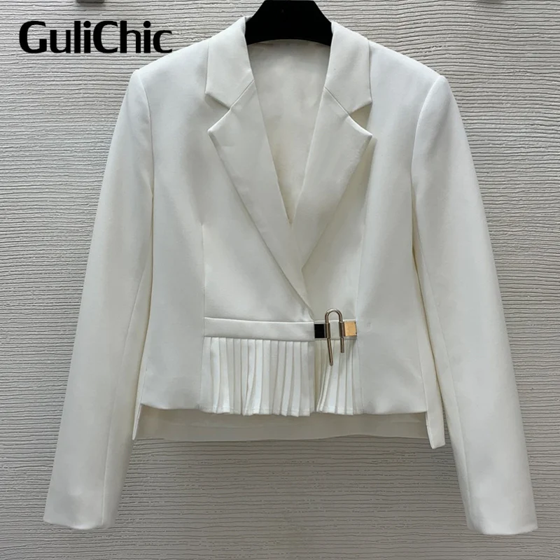 

Женский блейзер GuliChic 9,26 года, темпераментная модная плиссированная короткая блейзер с воротником с лацканами и металлическими застежками на пуговицах