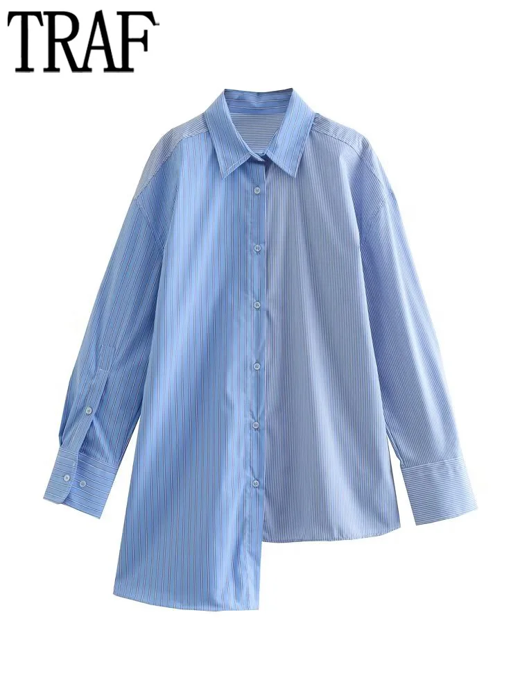 

TRAF Blue Striped Shirts for Women Collared Button Up Shirt Woman Long Sleeve Asymmetric Top Female Autumn Casual Women Shirt