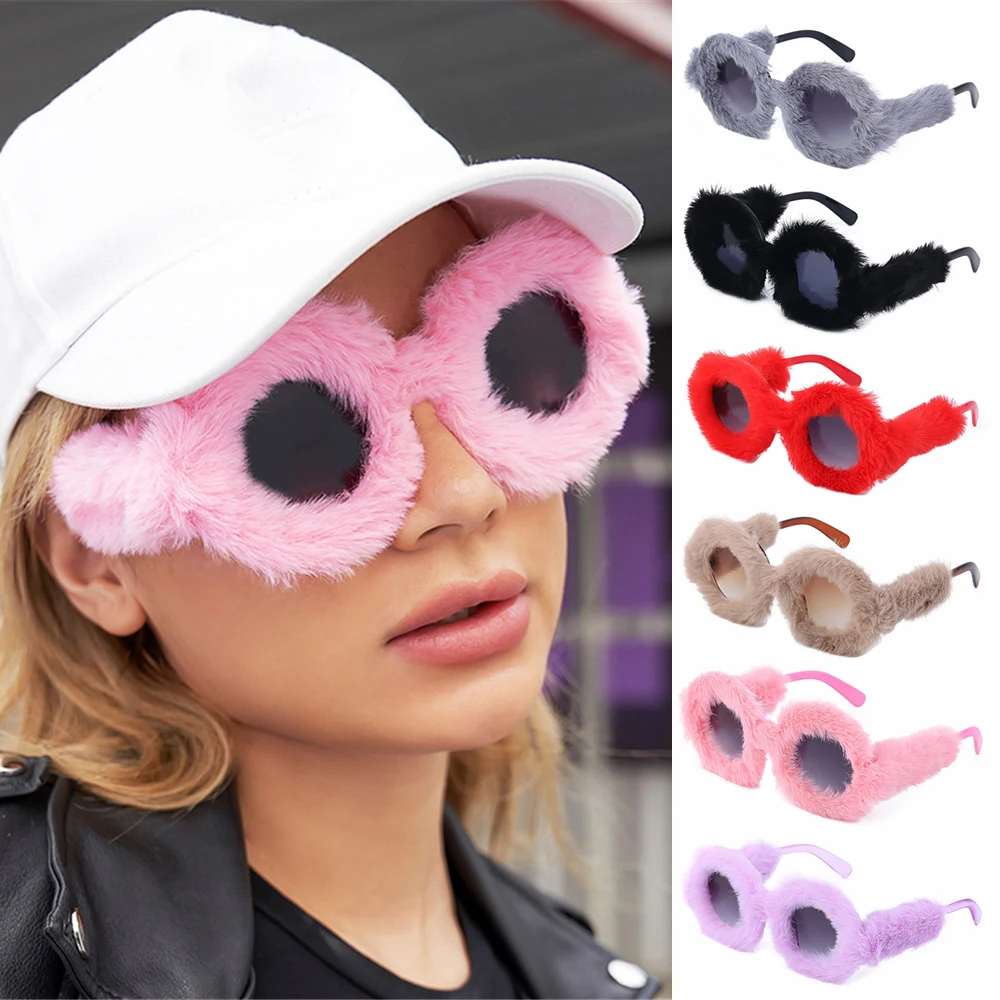 

Round Frame Kardashan Sunglasses For Women Soft Fur Velvet Punk Sun Glasses UV400 Ladies Shades Eyewear Streetwear Accessories