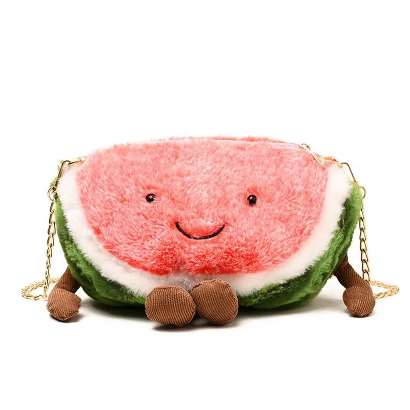 New Funny Red Watermelon Coin Bag Women Plush Small Bag Fashion Girls Chain Small Phone Bags