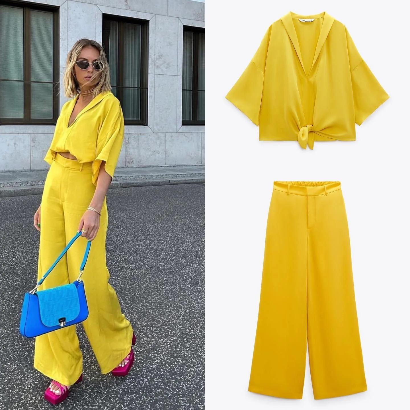 

Summer Straight Pant Sets Loose Solid V Neck Shirt Elastic Waist Wide Leg Pants Sets For Women 2 Pieces Elegant Street Trousers