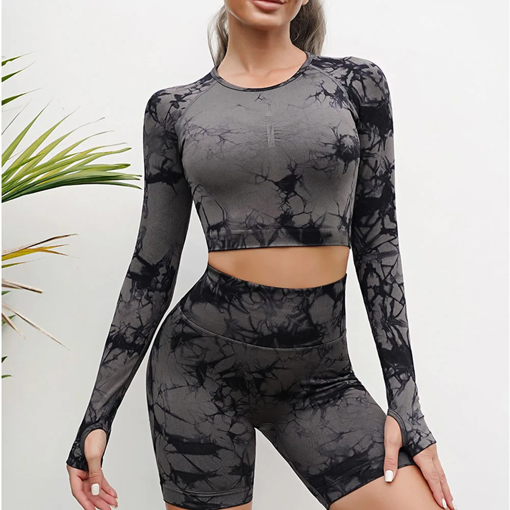

Seamless Tie Dyed Yoga Set High Waist Leggings Sports Bra Suit Long Sleeve Crop Top Workout Clothes Gym Set for Women Tracksuit