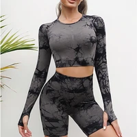 seamless tie dyed yoga set high waist leggings sports bra suit long sleeve crop top workout clothes gym set for women tracksuit