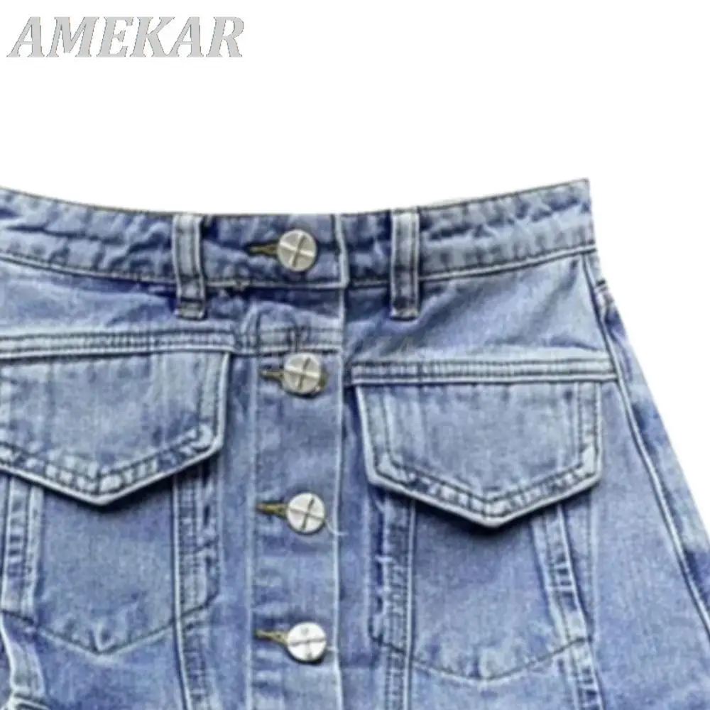 Women's Solid Jean Hot Pants Fake 2-Pieces High Waist A-line Denim Shorts Streetwear Gothic Lady Summer Pocket Chic Short Jeans