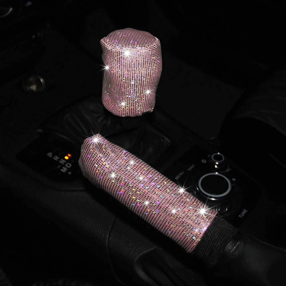 

1set Car Steering Wheel Cover 37-38cm Glitter Bling Handbrake Cover Gear Cover Pink Wear-resistant Anti-slip Car Interior Parts