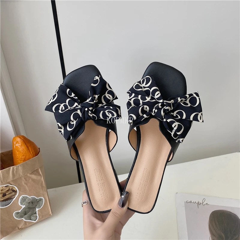 

Silk Butterfly-knot Women Slippers Mule High Heels Slippers Sandals Square Toe Strappy Slides Party Shoes Sandalias De Tacon 43