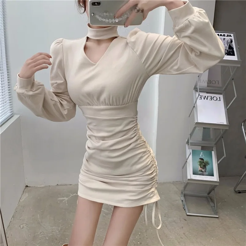 

Sexy Slim Female Dress Puff Long Sleeve V-Neck High Waist Halter Lace Up Solid Folds Patchwork Bottoming Bag Hip Women Skirt