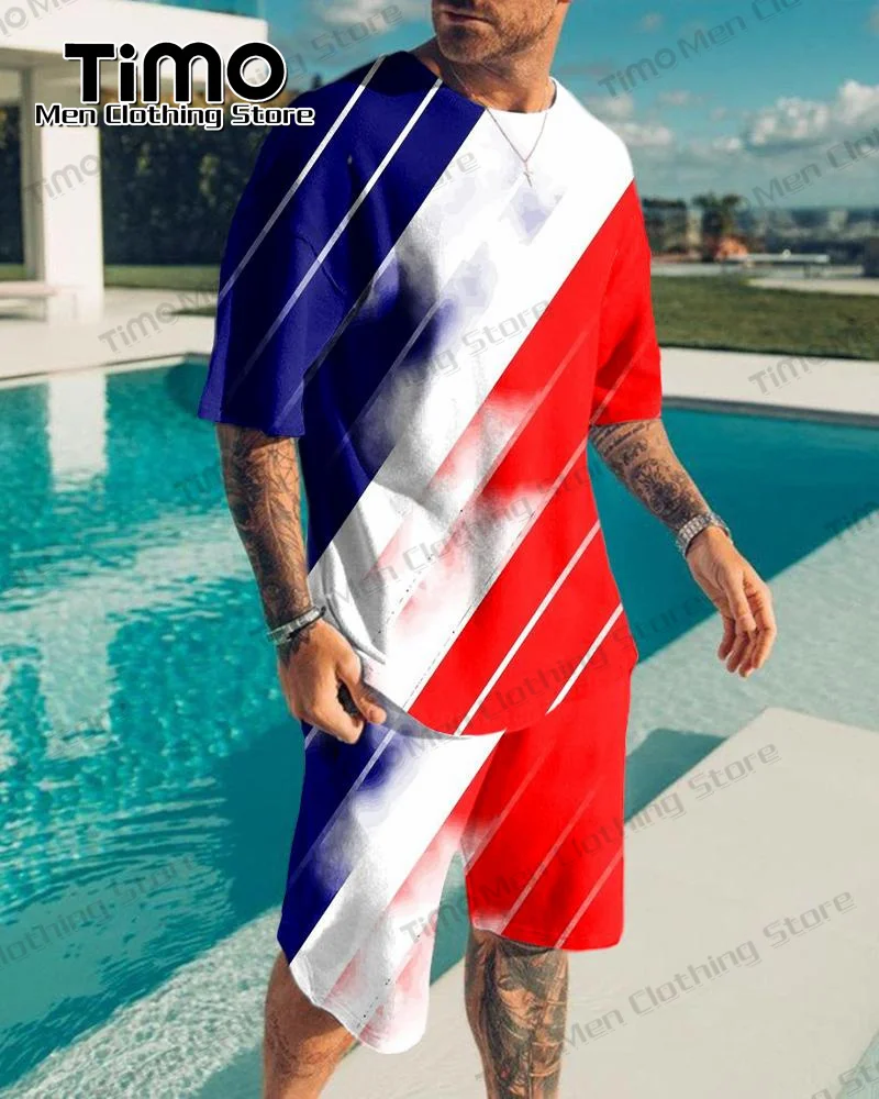 2023 New Men's Printed T-shirt Set Street Fashion Trend Casual Clothing Loose Oversized T-shirt+Shorts Set Men's 2-Piece Set