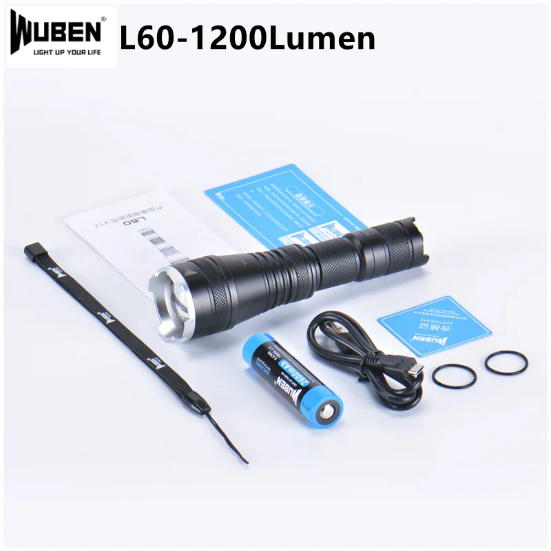 

WUBEN L60 USB Rechargeable LED Flashlight High-Powerful Tactical Light 1200LM Zoomable 5 Lighting Modes With Battery