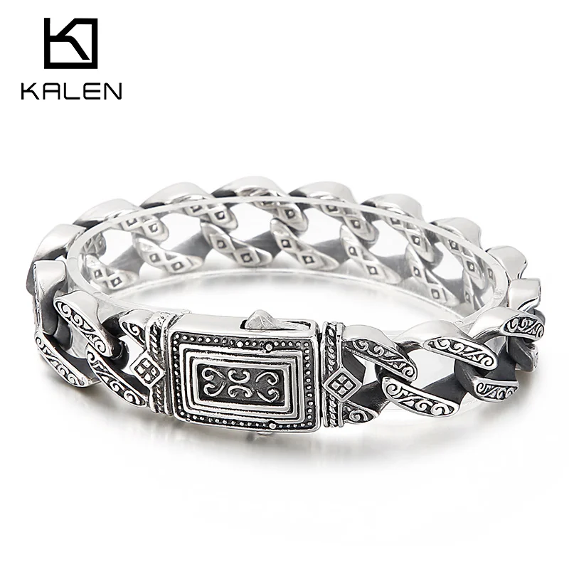 

Kalen Vintage Engraved Stainless Steel Punk Bracelet Stainless Steel Men's Chain Geometry Jewelry Punk