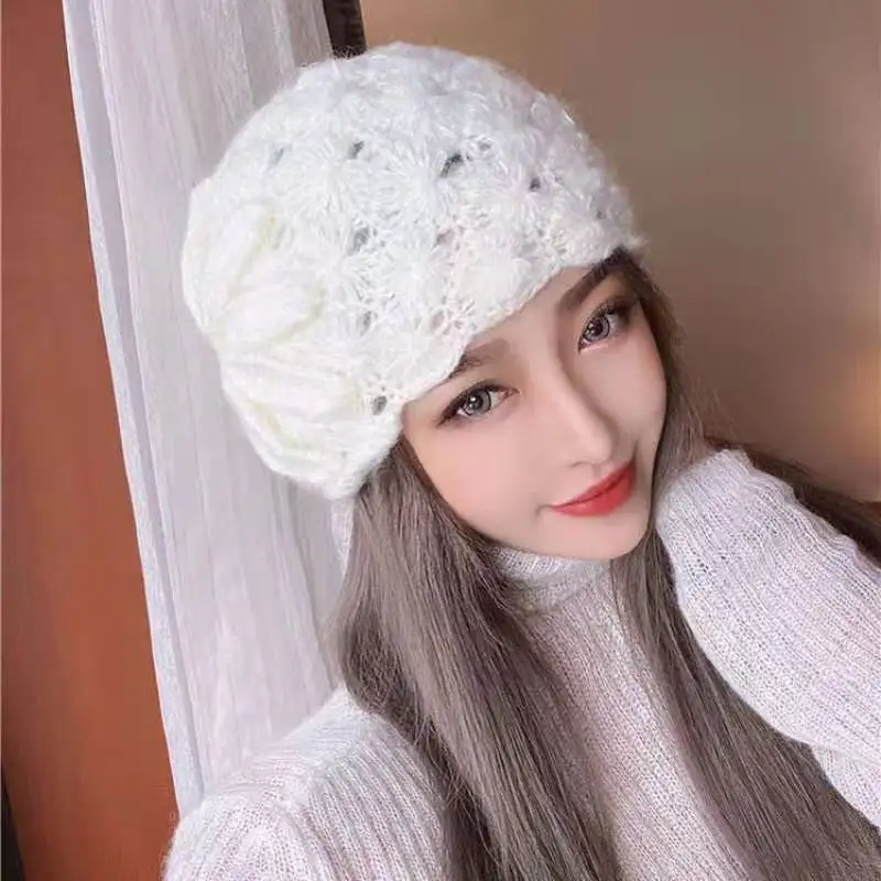

Women Hat Autumn Winter Korean Version Tide Retro Elegant Three-dimensional Big Flower Mohair Hollow Knitted Warm Wool Cap