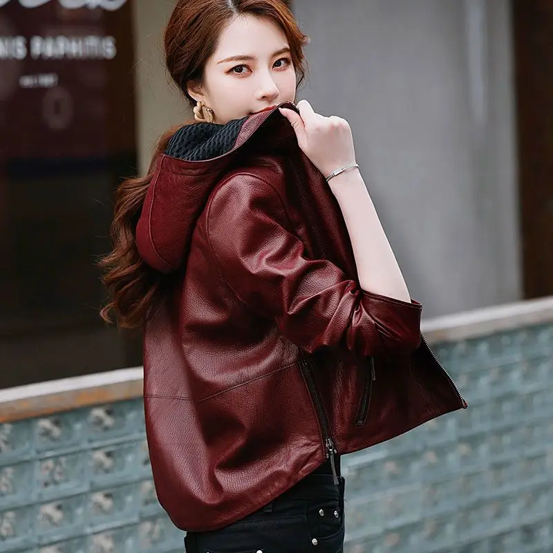 Ms. Fashion Leather jacket popular Korean version of the short women's sheepskin hoodie zip-up leather jumper punk leather jacke
