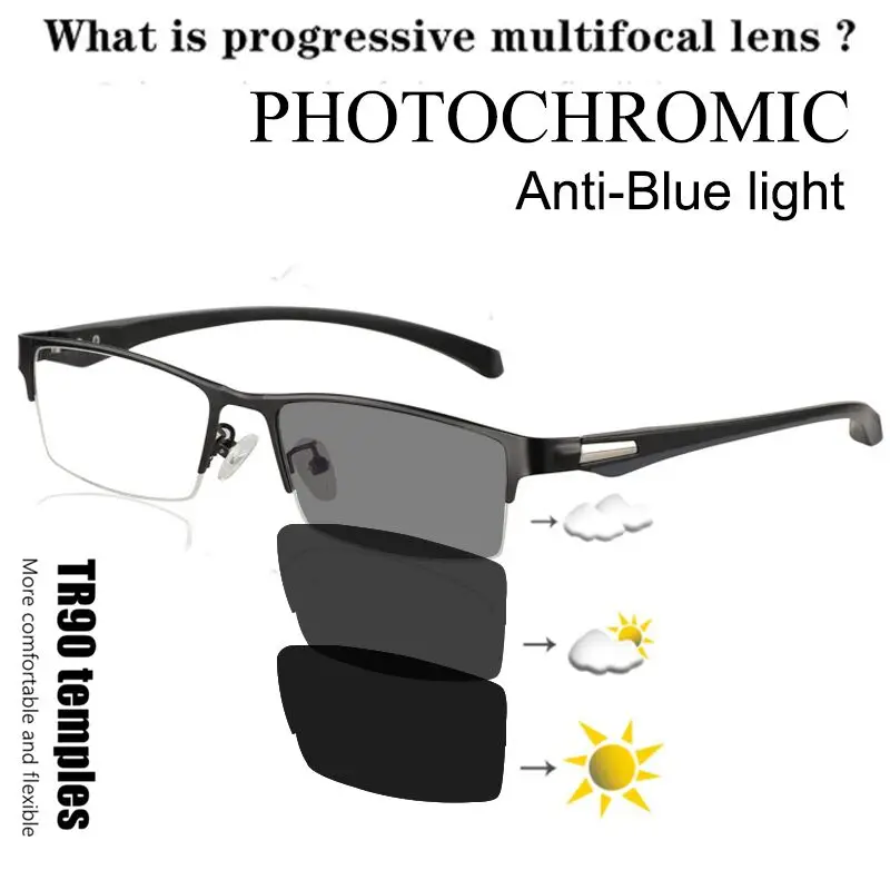 

TR90 Progressive Photochromic Reading Glasses Men's far and Near Dual-use Multi-Focus Business glasses half-frame Anti-blue Ray