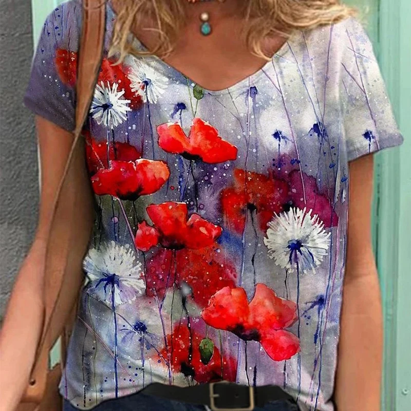 Женская футболка с цветочным принтом повседневный Свободный Топ коротким