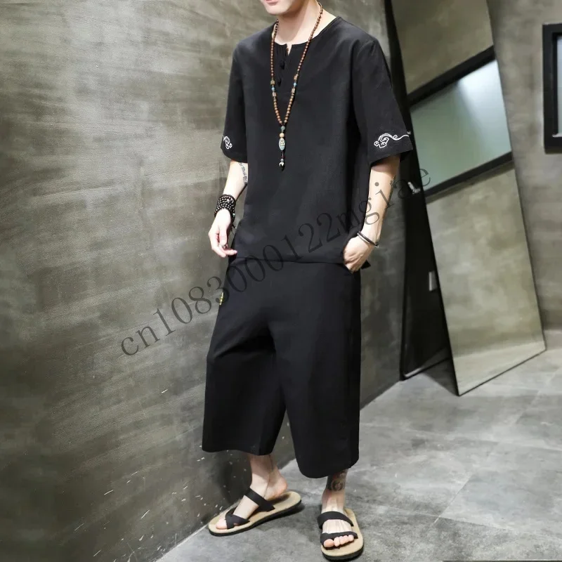 Традиционный китайский стиль летний мужской льняной костюм Тан футболка с