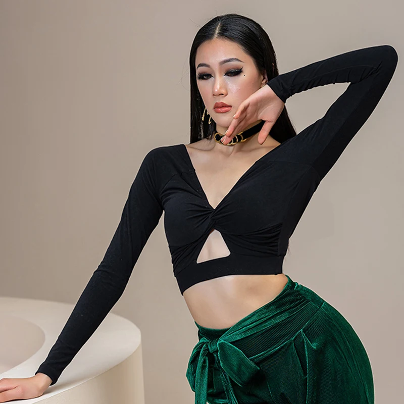 

New Latin Dance Tops Women Long Sleeves Backless V Neck Black Shirt Rumba Practice Clothes Cha Cha Salsa Dancing Costume BL10148