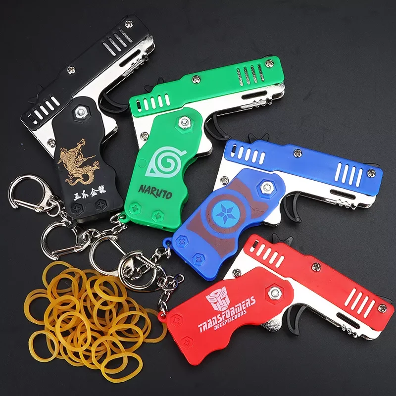 

1pcs Mini Metal Gun Folding Rubber Band Toy Outdoor Sports Keychain Toy 6 Bursts Rubber Pistol Kids Gifts Party Favor