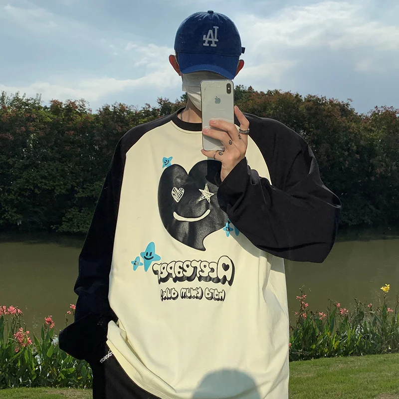 

Забавные мужские футболки с рисунком сердца, корейский стиль, топы унисекс, хлопковые модные брендовые повседневные мужские футболки с дли...