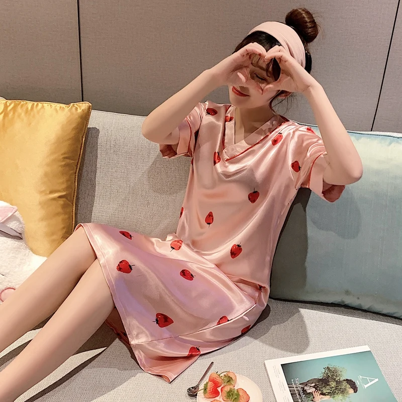 2022 Hot Summer Plus Size Silk Satin Print Nightgowns for Women Short Sleeve V-neck Sleepwear Nightdress Night Dress Home Nighty