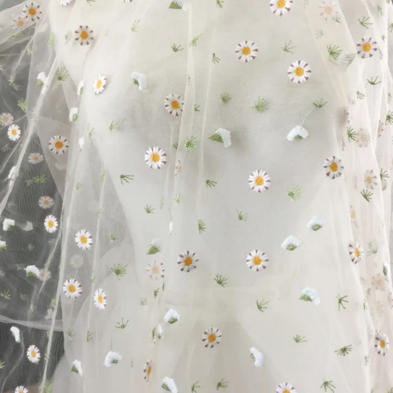 3/5/10 ярдов мягкая Тюлевая ткань с цветочной вышивкой маргариток для платьев