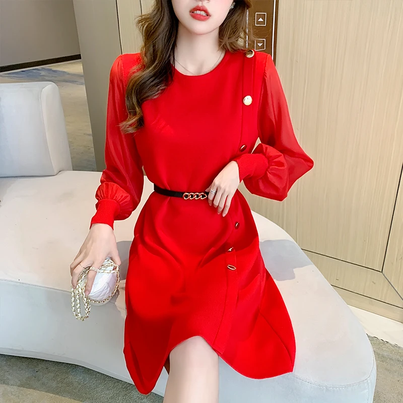 

Женское трикотажное платье с круглым вырезом, длинным рукавом