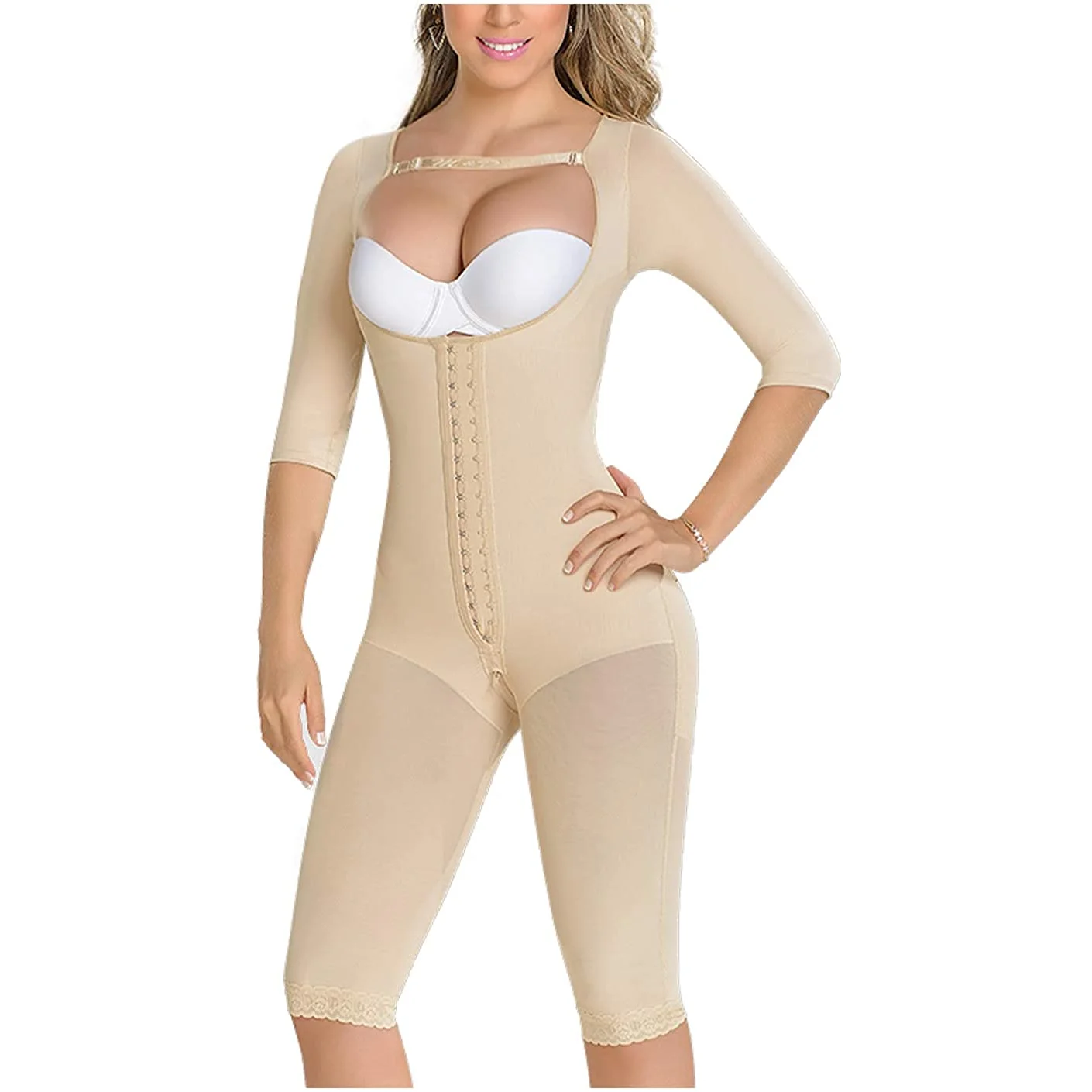 Knee Length Shaping Bodysuit Sleeves High-Back Recovery Compression Garment Shapewear With Straps For Women