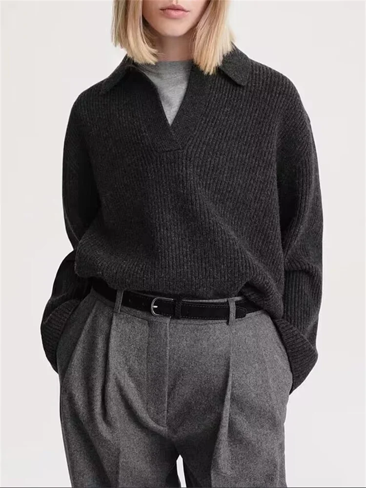 

Женский трикотажный свитер в рубчик, 2 цвета, Женский Универсальный трикотажный пуловер с отложным воротником, топ для осени и зимы