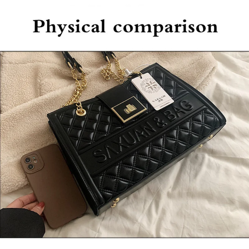 Women's PU Ringer Lattice Black Commuting Chains One Shoulder Hand Bag New Fashion Autumn and Winter Small Tote Bags for Femele
