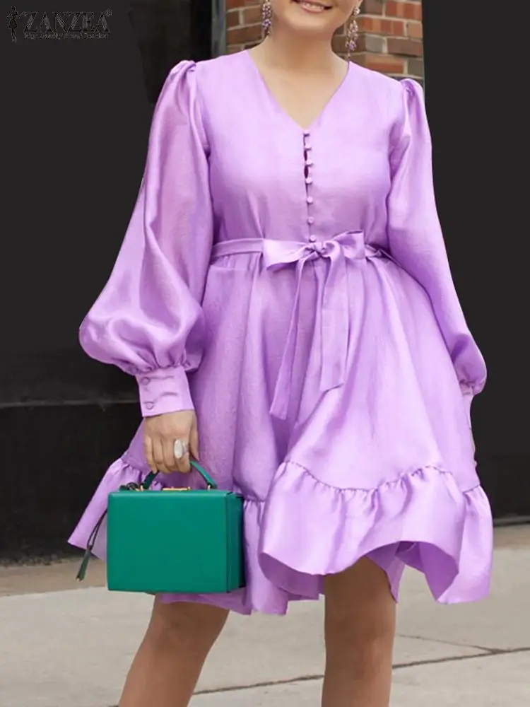 

ZANZEA Women Elegant Party Dresses 2022 Summer Vintage Puff Sleeve Mini Vestiods Casual Solid Ruffles Sundress Belted Robe Femme