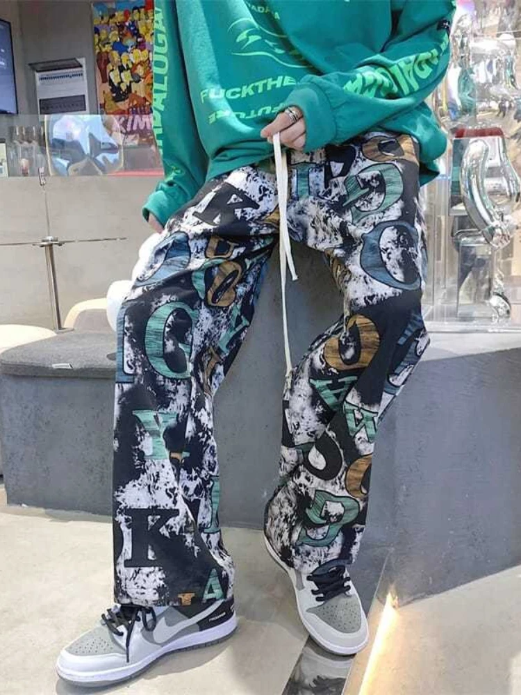 

Мужские уличные брюки, европейские, американские, унисекс, весна-осень, хип-хоп, прямые брюки с принтом граффити, широкими штанинами, повседн...