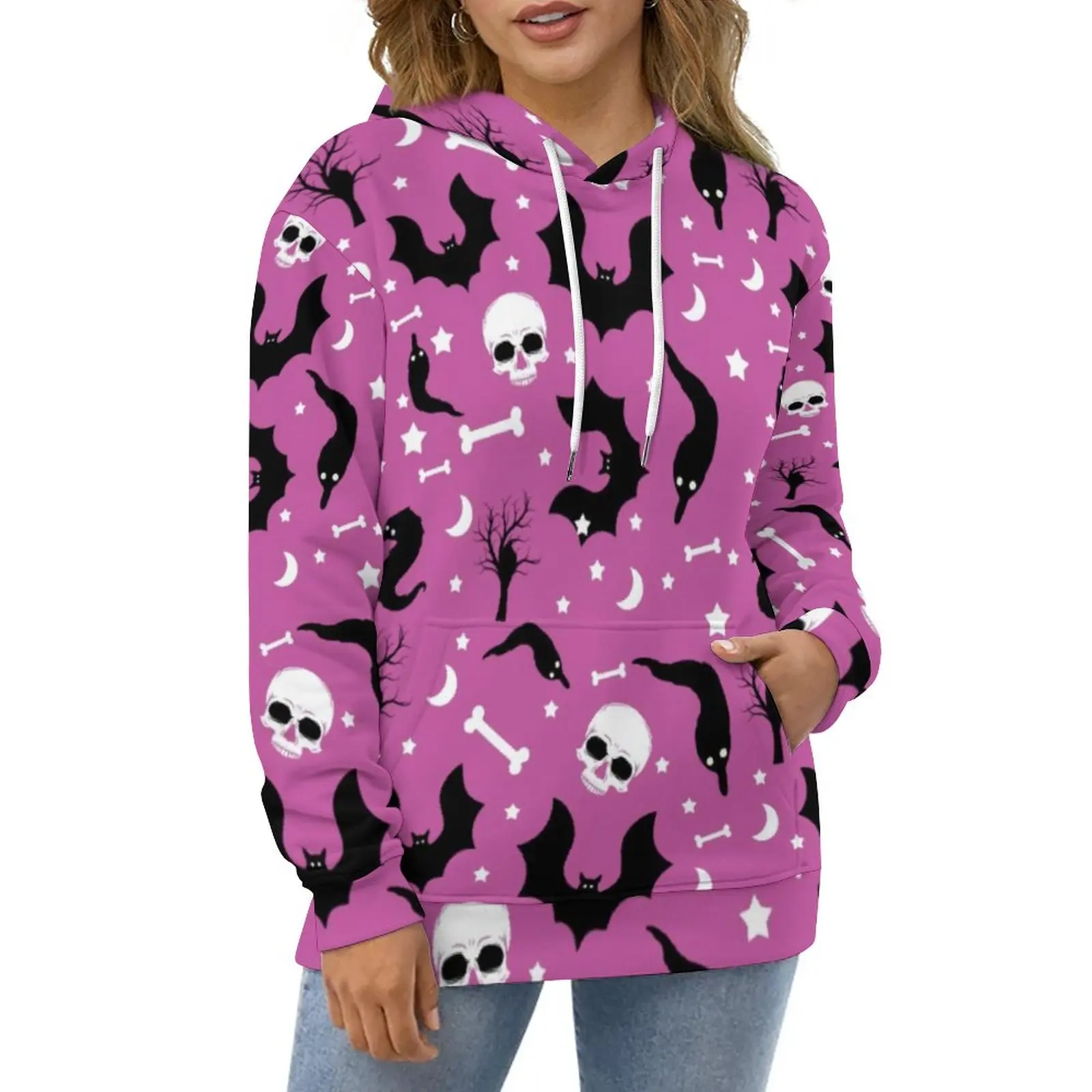 

Повседневные толстовки для вечевечерние на Хэллоуин с принтом черепа летучая мышь кавайная Женская толстовка с длинным рукавом оверсайз в ...