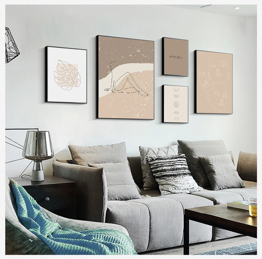 

Wall Art Canvas Painting Prints Pictures For Home Living Room Decor Nordic Grey Minimalist Woman Line Quote Beige Poster