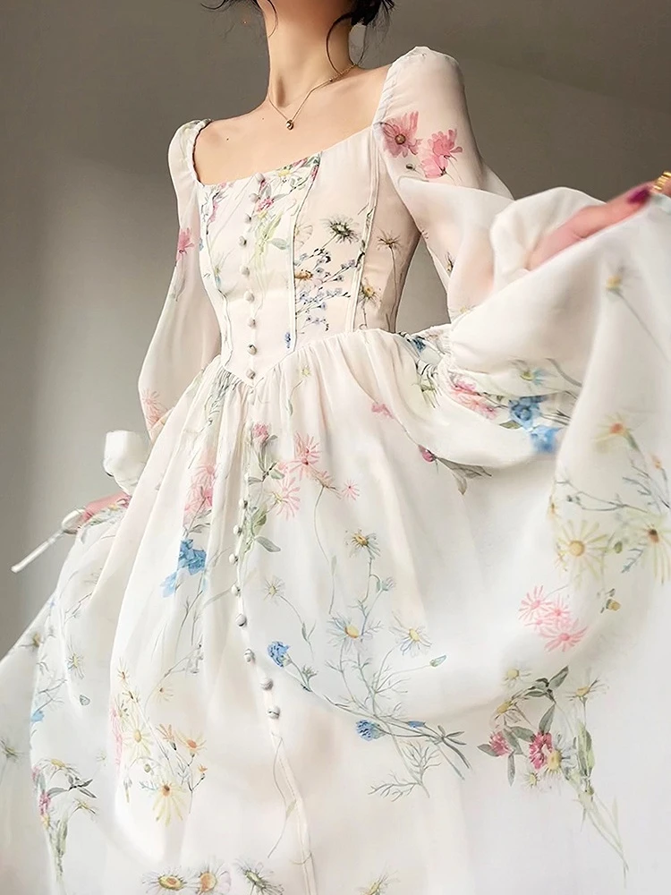

Французское элегантное платье миди с цветочным рисунком, шифоновое вечернее платье с длинным рукавом, женское пляжное платье феи, цельное платье в Корейском стиле, лето 2023